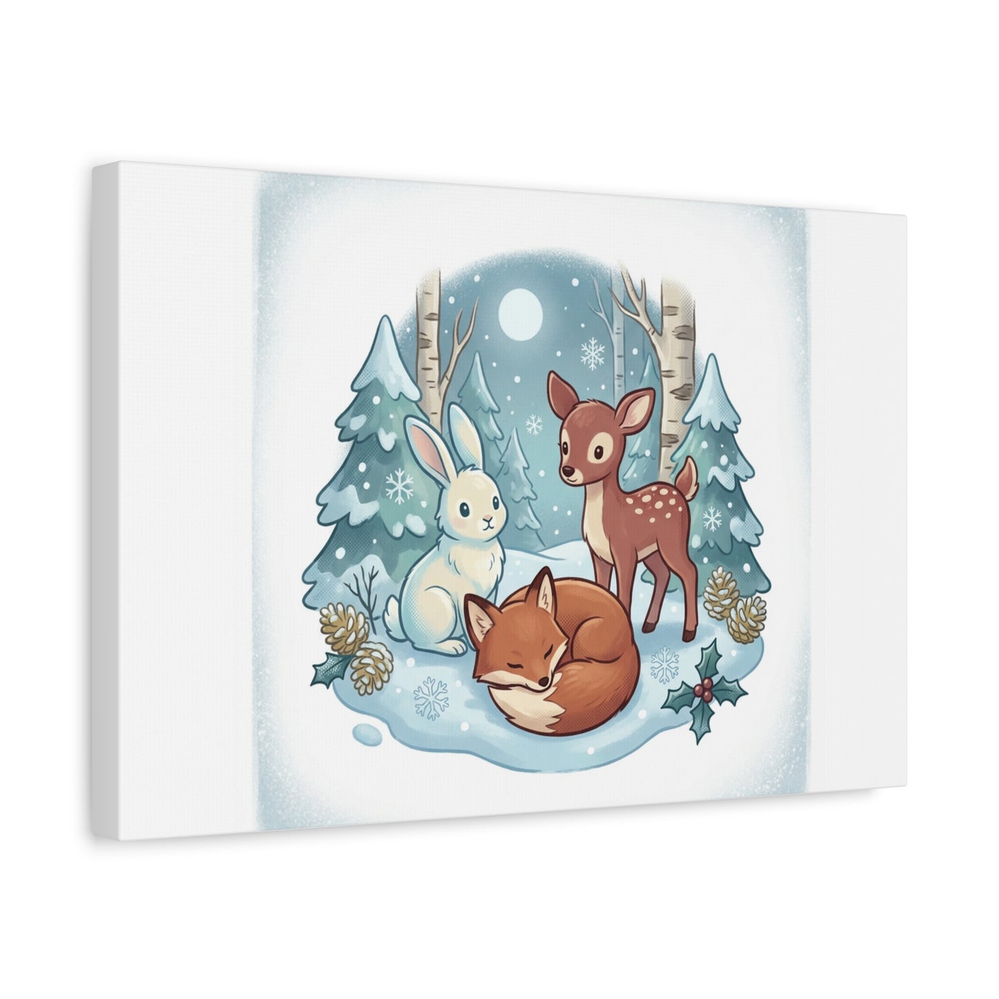Winter Forest Cute Animal Illustration Canvas | Cozy Critter Wall Art