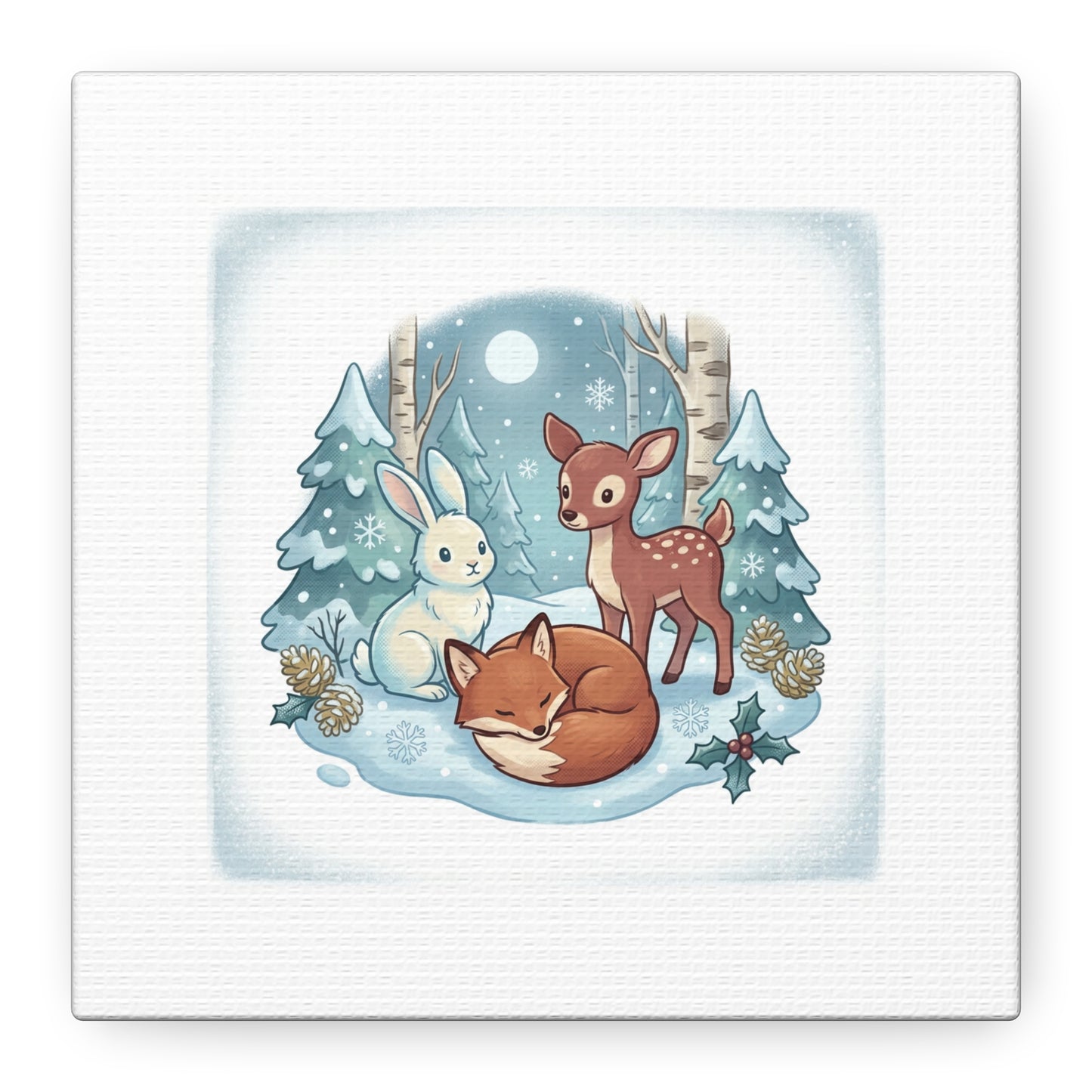 Winter Forest Cute Animal Illustration Canvas | Cozy Critter Wall Art