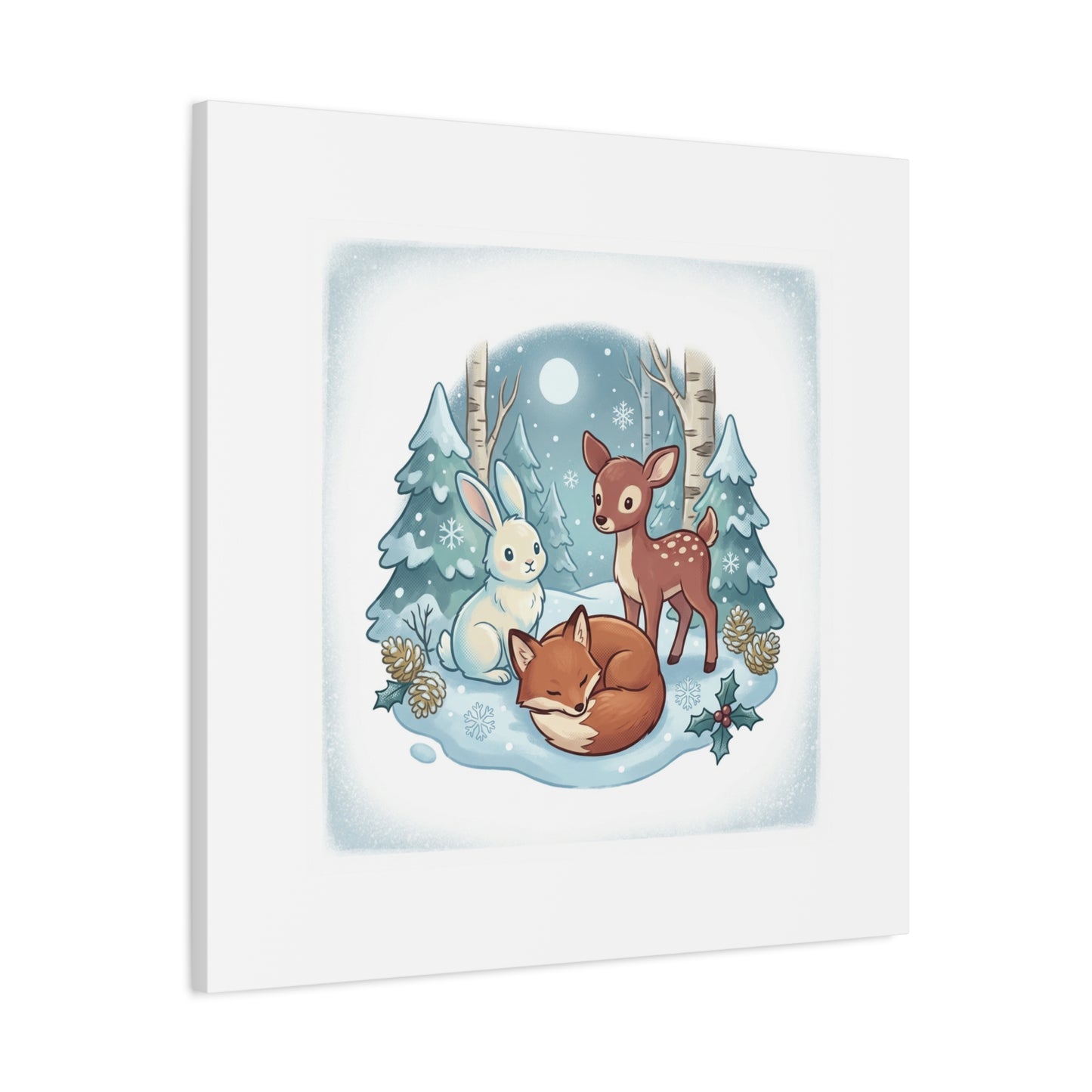 Winter Forest Cute Animal Illustration Canvas | Cozy Critter Wall Art