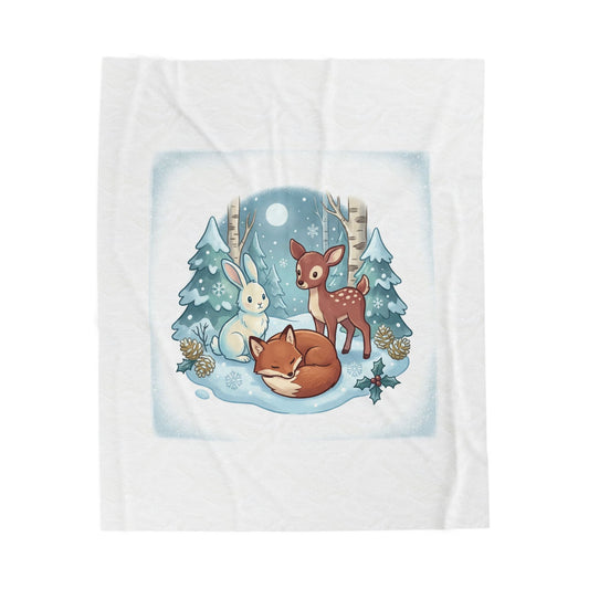 Winter Forest Critters Velveteen Plush Blanket | cute animal illustration, cozy critter art
