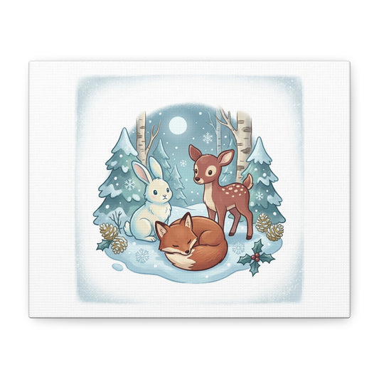 Winter Forest Cute Animal Illustration Canvas | Cozy Critter Wall Art