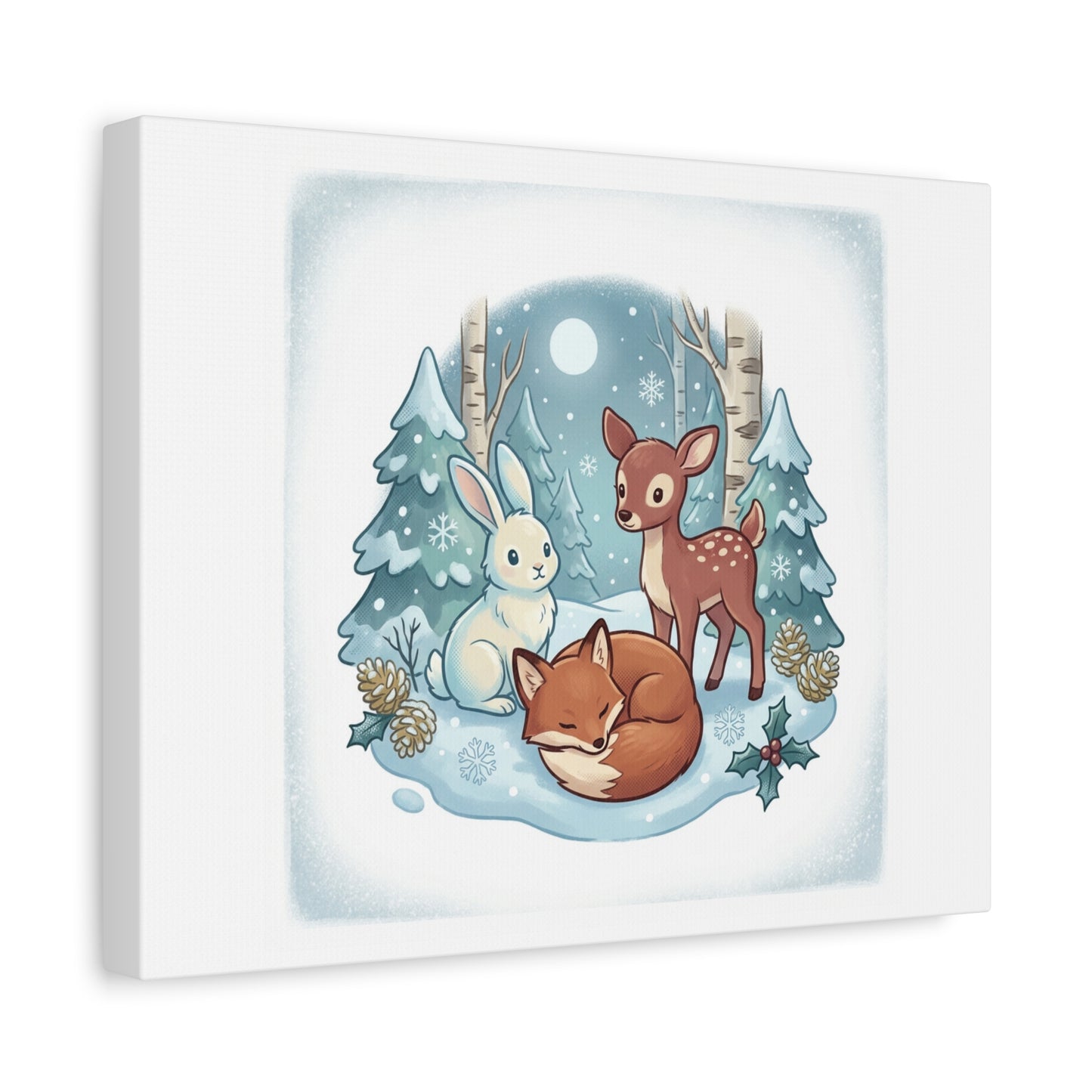 Winter Forest Cute Animal Illustration Canvas | Cozy Critter Wall Art