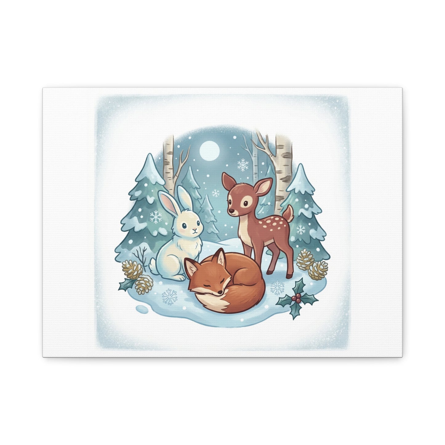 Winter Forest Cute Animal Illustration Canvas | Cozy Critter Wall Art