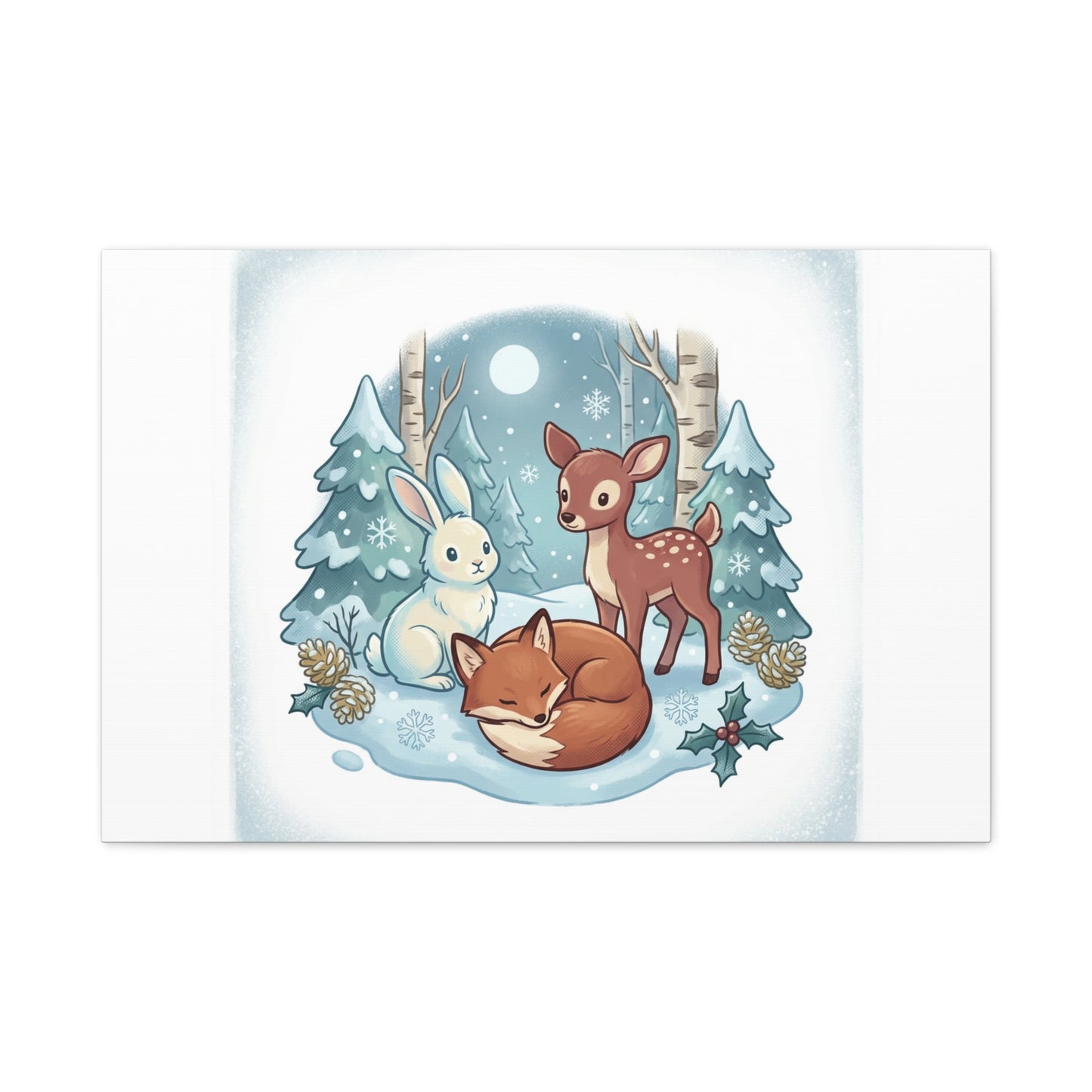 Winter Forest Cute Animal Illustration Canvas | Cozy Critter Wall Art
