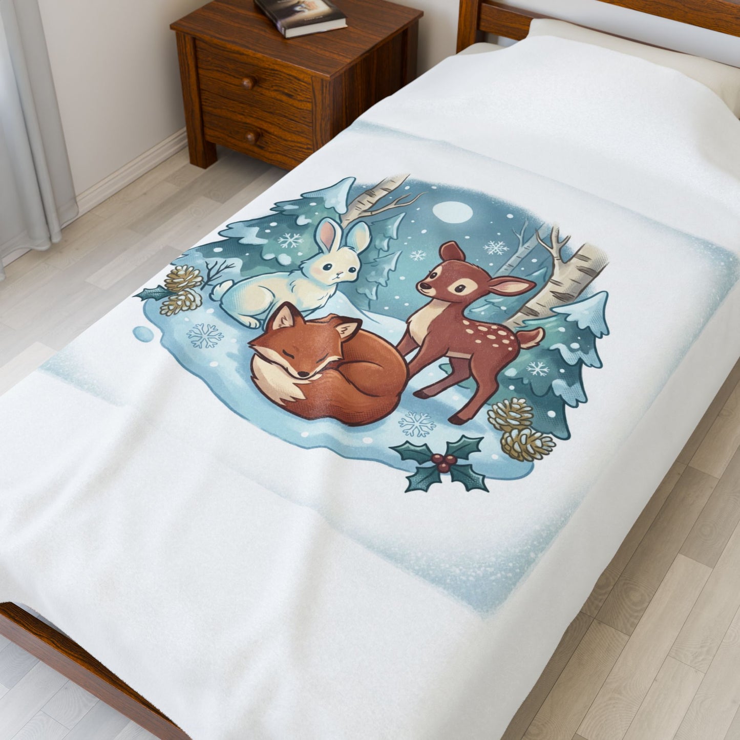 Winter Forest Critters Velveteen Plush Blanket | cute animal illustration, cozy critter art