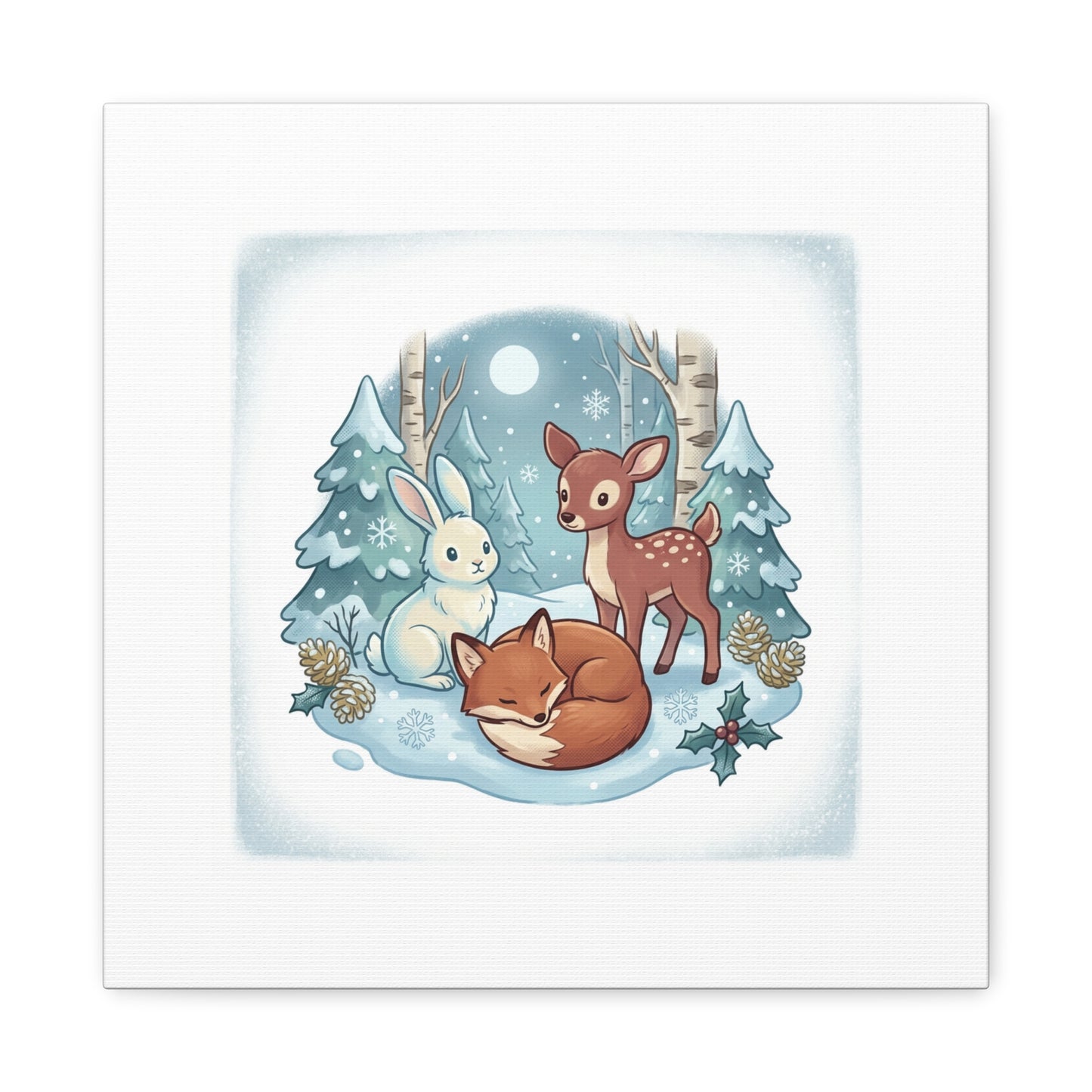 Winter Forest Cute Animal Illustration Canvas | Cozy Critter Wall Art