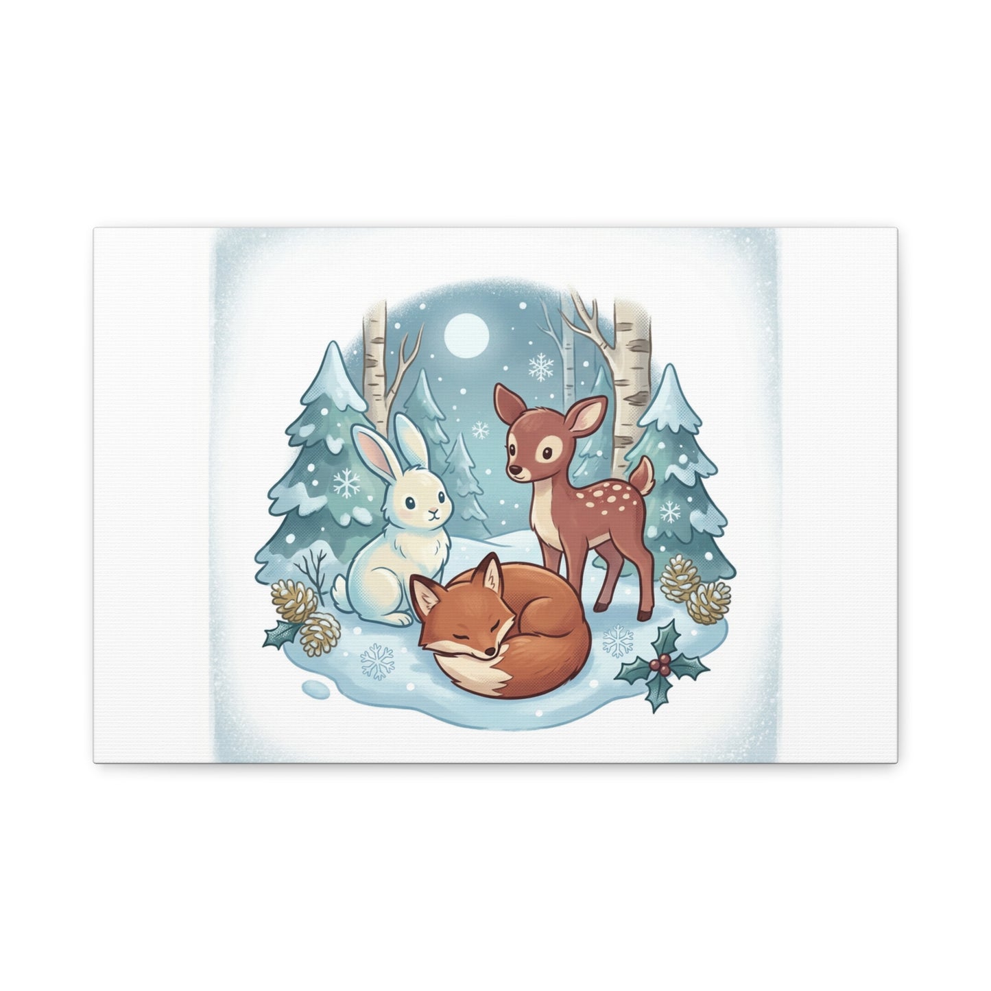 Winter Forest Cute Animal Illustration Canvas | Cozy Critter Wall Art