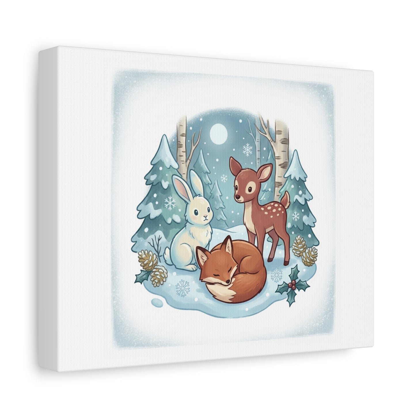 Winter Forest Cute Animal Illustration Canvas | Cozy Critter Wall Art