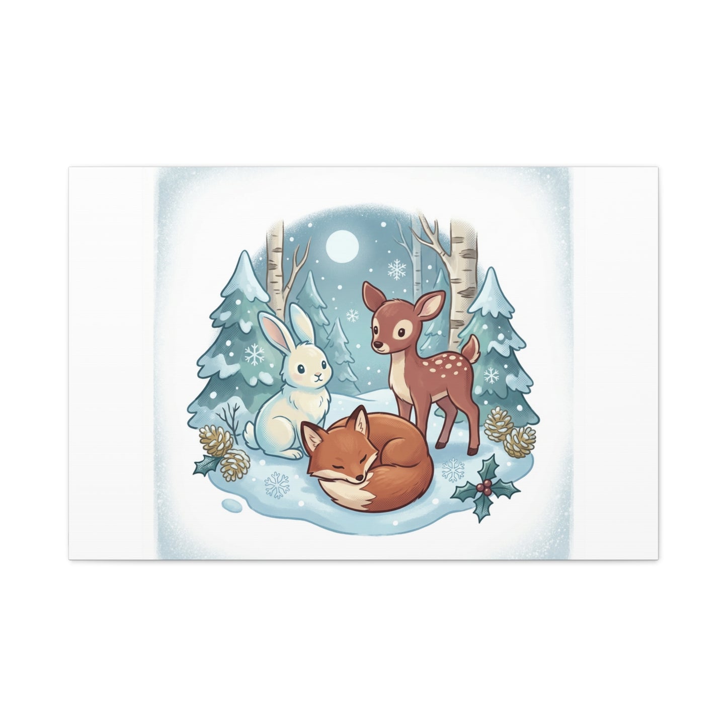 Winter Forest Cute Animal Illustration Canvas | Cozy Critter Wall Art