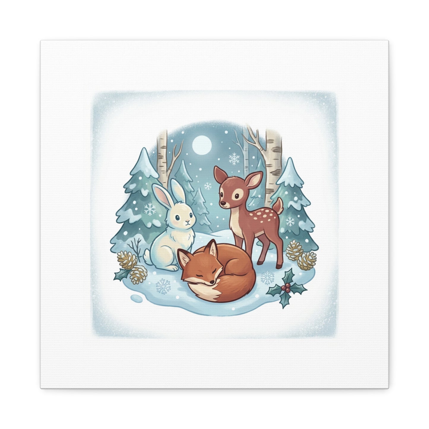 Winter Forest Cute Animal Illustration Canvas | Cozy Critter Wall Art