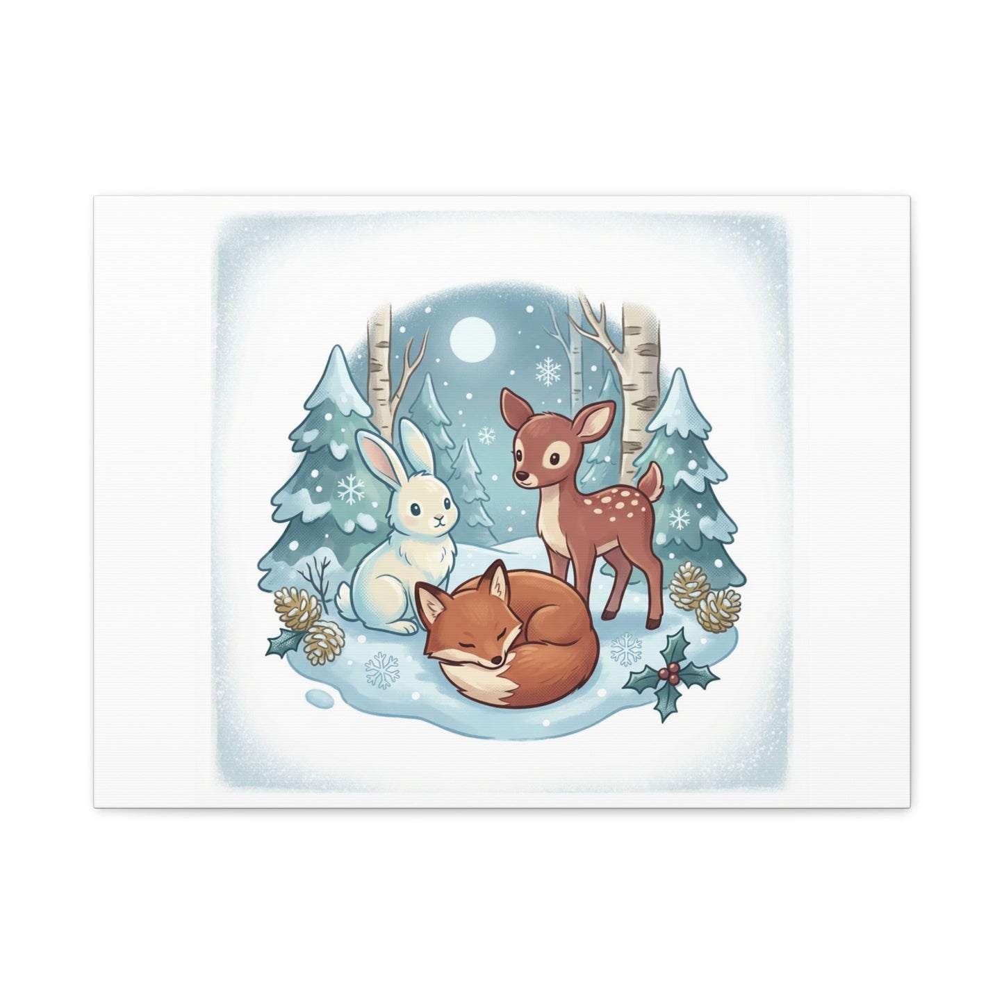 Winter Forest Cute Animal Illustration Canvas | Cozy Critter Wall Art